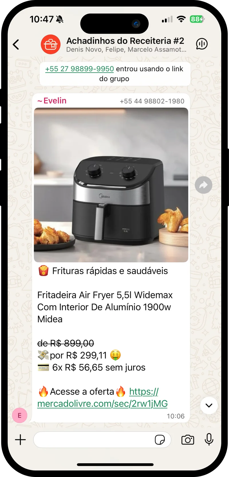Exemplo de oferta compartilhada no grupo WhatsApp - Air Fryer com desconto